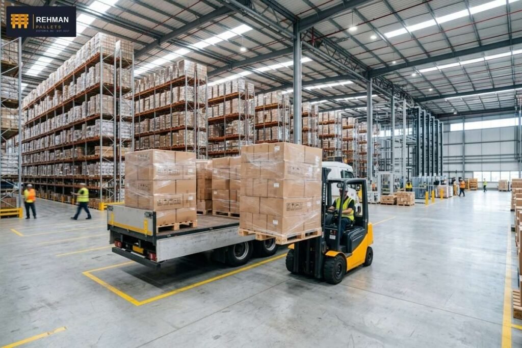 Heat Treated Pallets in BC: ISPM-15 Export Pallets You Can Ship Anywhere 5 Forklift loading heat treated pallets with boxes for international export in a warehouse