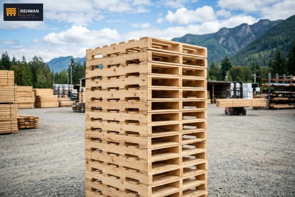Heat Treated Pallets in BC: ISPM-15 Export Pallets You Can Ship Anywhere 1 Stack of new heat treated wooden export pallets in a British Columbia lumber yard