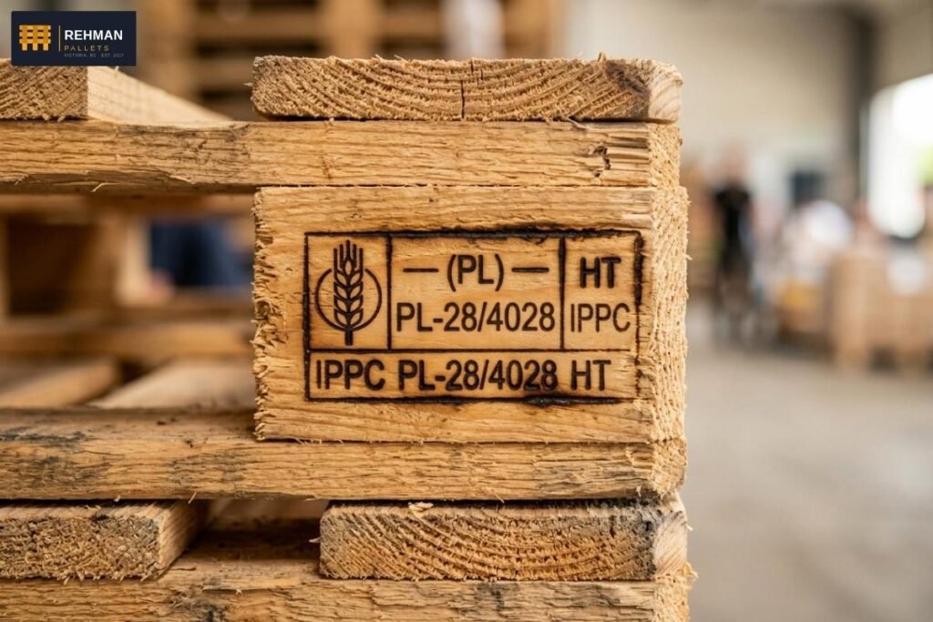 Heat Treated Pallets in BC: ISPM-15 Export Pallets You Can Ship Anywhere 4 Close-up of an ISPM-15 HT heat treatment stamp on a wooden export pallet