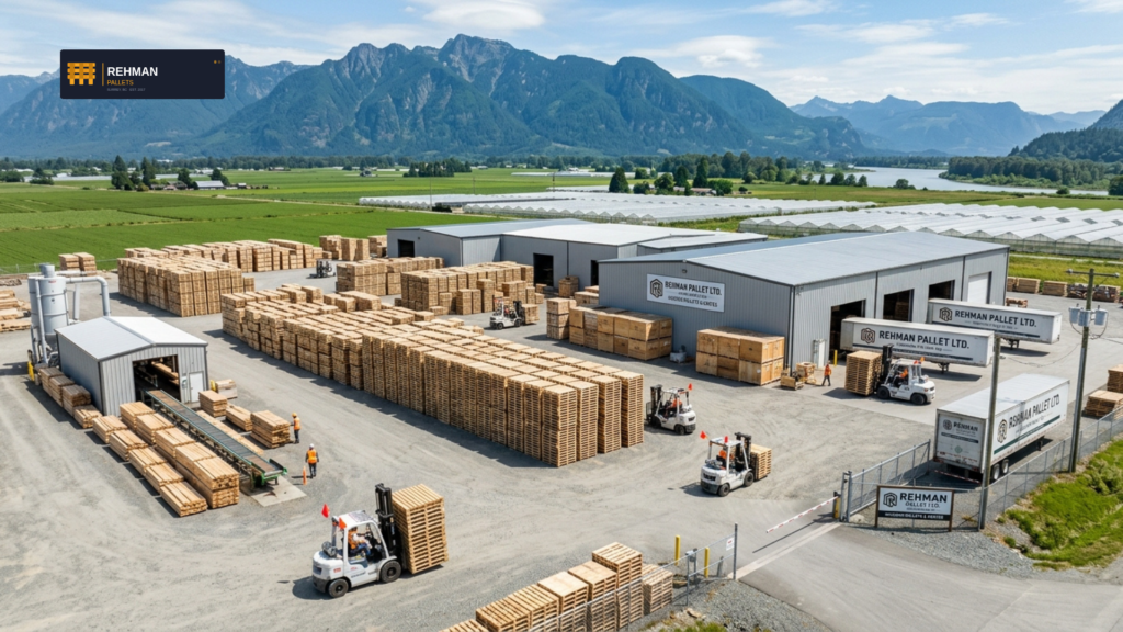 Wooden Pallets Chilliwack, BC — New, Used & Custom, Delivered Fast 7 Stacked wooden pallets and custom shipping crates in an industrial yard with Fraser Valley mountain scenery in Chilliwack, BC.