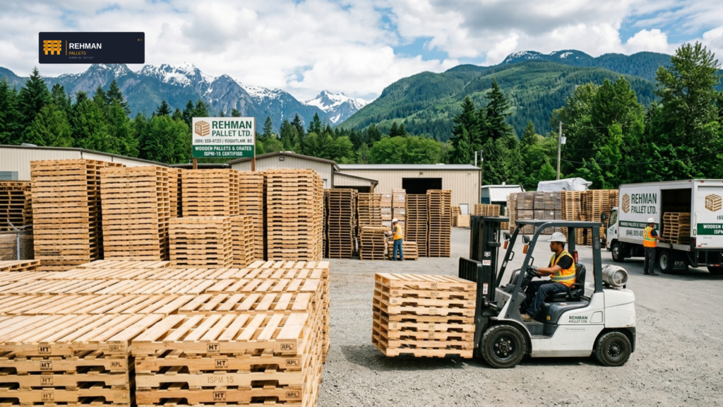 Wooden Pallets Coquitlam, BC — New, Used & Custom, Delivered Fast 5 High-quality stack of wooden pallets and ISPM-15 heat-treated shipping crates arranged at a supply yard in Coquitlam, BC.