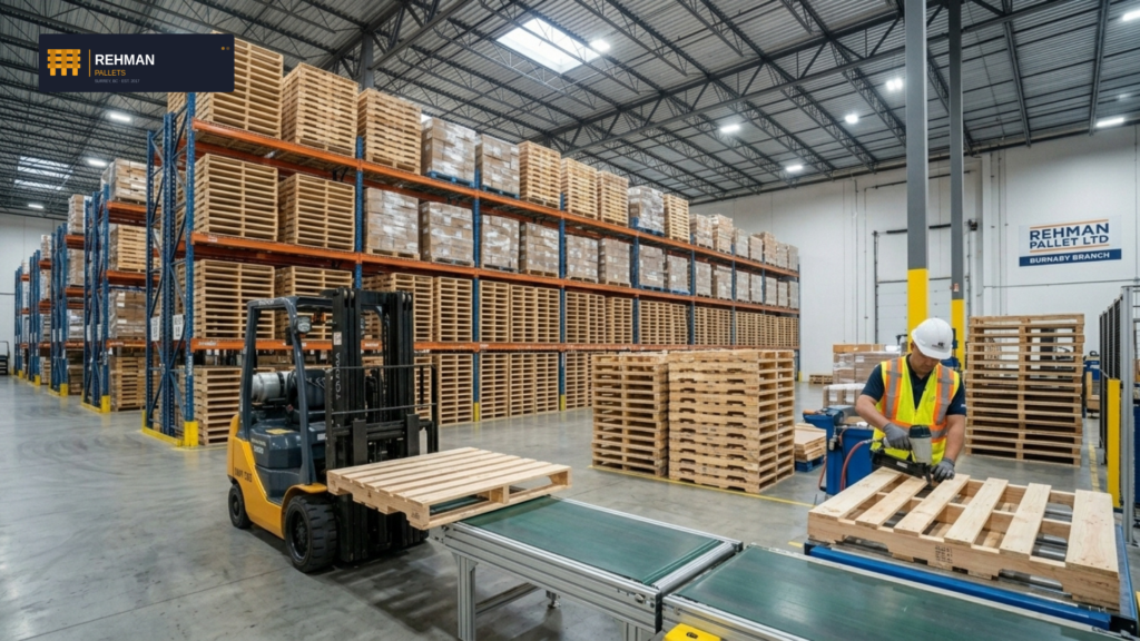 Wooden Pallets Burnaby, BC — New, Used & Custom Pallets Delivered Fast 3 Custom wooden pallets manufacturing and forklift loading in a Burnaby BC warehouse.