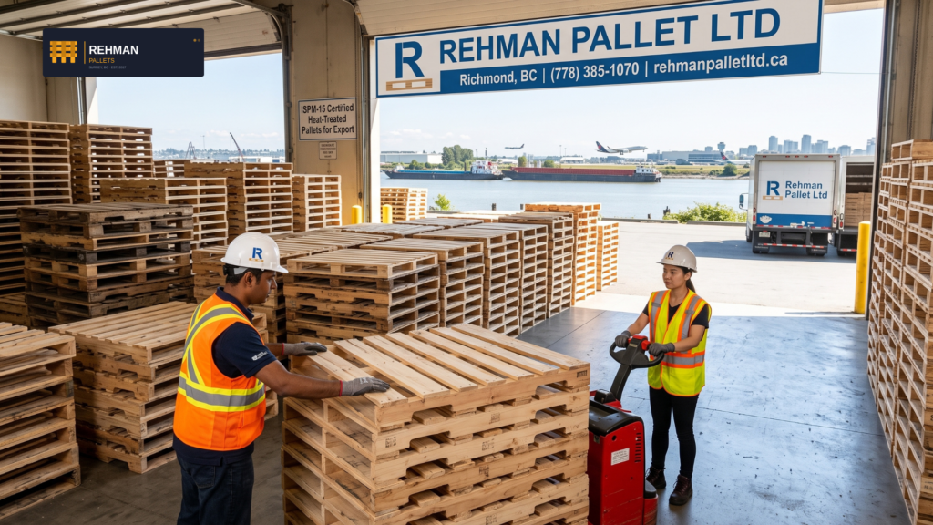 Wooden Pallets Richmond, BC — New, Used & Custom 3 Wooden Pallets Richmond BC warehouse facility with new, used, and heat-treated pallets - Rehman Pallet Ltd